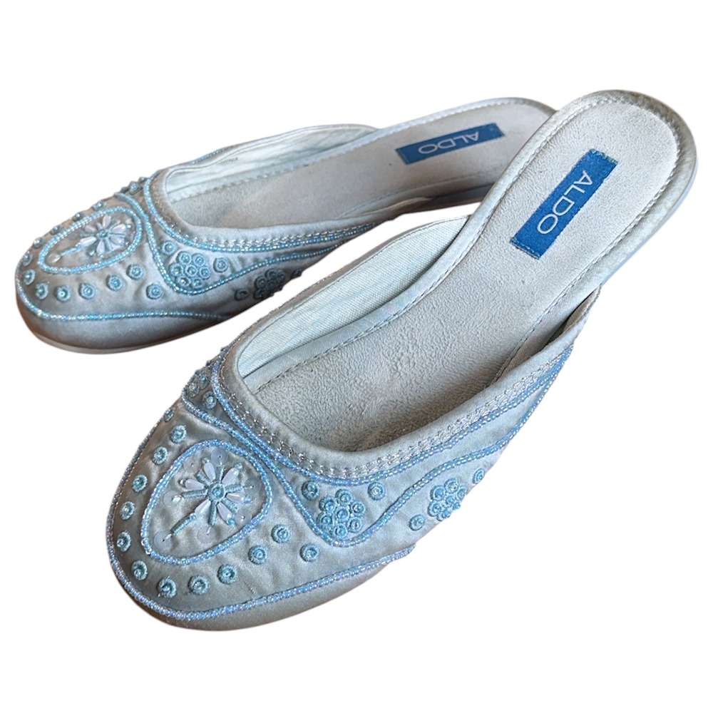 Aldo Mules Women 38 Blue Beaded Embroidered Satin Flat Slide Y2K Vintage Shoes